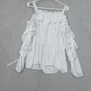 Belle Sky Off Shoulder Blouse M Beachy Laced Arms White Blue Stripe Ruffly Flowy